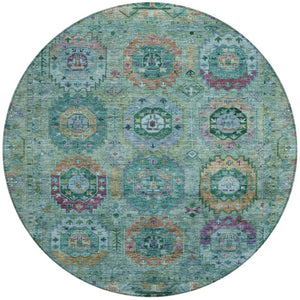 HomeRoots 8' Teal Blue Purple Gold Round Medallion Indoor-Outdoor Rug – Durable, Washable, Stylish Décor Piece 639463