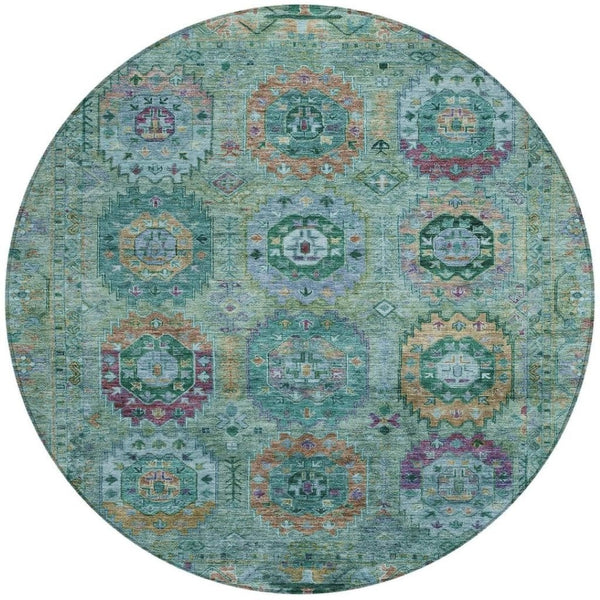 HomeRoots 8' Teal Blue Purple Gold Round Medallion Indoor-Outdoor Rug – Durable, Washable, Stylish Décor Piece 639463
