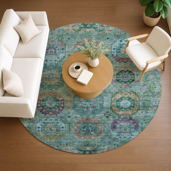 HomeRoots 8' Teal Blue Purple Gold Round Medallion Indoor-Outdoor Rug – Durable, Washable, Stylish Décor Piece 639463