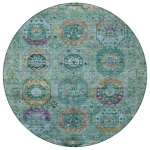 HomeRoots 8' Teal Blue Purple Gold Round Medallion Indoor-Outdoor Rug – Durable, Washable, Stylish Décor Piece 639463