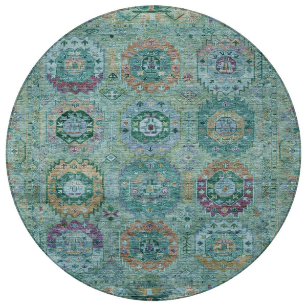HomeRoots 8' Teal Blue Purple Gold Round Medallion Indoor-Outdoor Rug – Durable, Washable, Stylish Décor Piece 639463