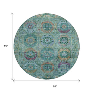 HomeRoots 8' Teal Blue Purple Gold Round Medallion Indoor-Outdoor Rug – Durable, Washable, Stylish Décor Piece 639463
