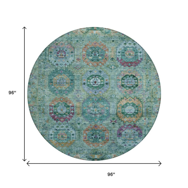 HomeRoots 8' Teal Blue Purple Gold Round Medallion Indoor-Outdoor Rug – Durable, Washable, Stylish Décor Piece 639463