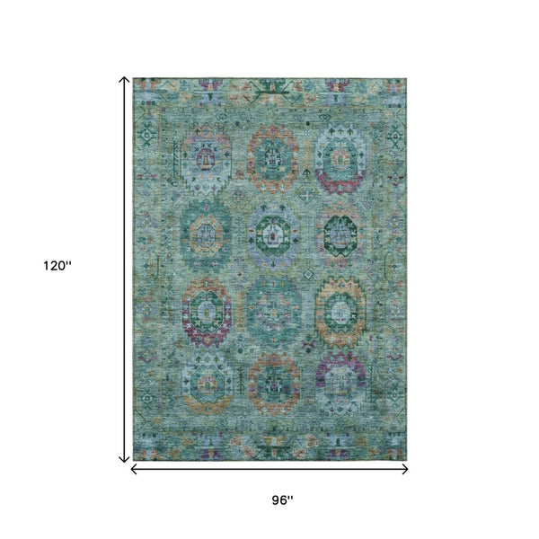 HomeRoots 8' X 10' Vibrant Teal Blue, Purple & Gold Medallion Rug - Washable, Durable for Indoor/Outdoor Use! 639464
