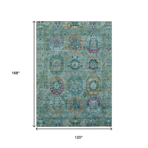 HomeRoots 10' Medallion Area Rug in Teal, Purple & Gold - Washable, Durable for Indoor & Outdoor Use! 639466