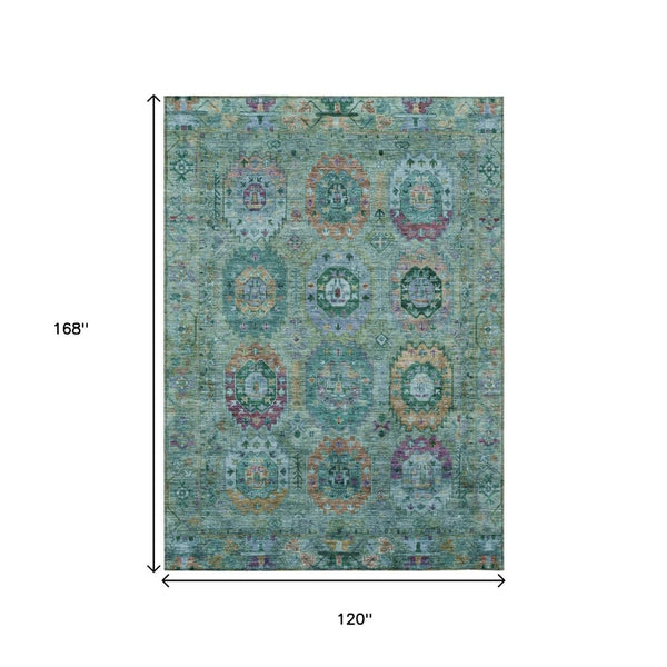 HomeRoots 10' Medallion Area Rug in Teal, Purple & Gold - Washable, Durable for Indoor & Outdoor Use! 639466