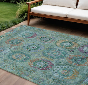 HomeRoots 10' Medallion Area Rug in Teal, Purple & Gold - Washable, Durable for Indoor & Outdoor Use! 639466