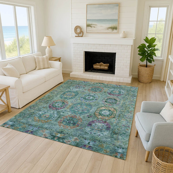 HomeRoots 10' Medallion Area Rug in Teal, Purple & Gold - Washable, Durable for Indoor & Outdoor Use! 639466