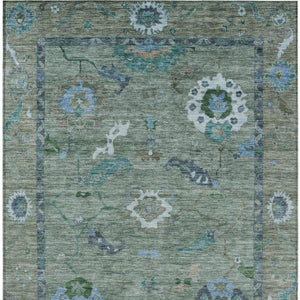 HomeRoots 5' X 8' Washable Floral Medallion Area Rug in Artichoke Green & Denim Blue for Indoor/Outdoor Use 639468