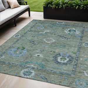 HomeRoots 5' X 8' Washable Floral Medallion Area Rug in Artichoke Green & Denim Blue for Indoor/Outdoor Use 639468