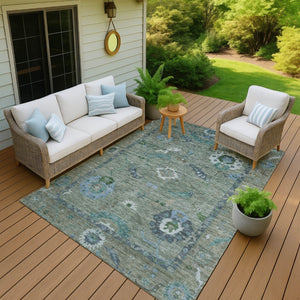 HomeRoots 5' X 8' Washable Floral Medallion Area Rug in Artichoke Green & Denim Blue for Indoor/Outdoor Use 639468