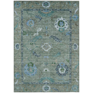 HomeRoots 5' X 8' Washable Floral Medallion Area Rug in Artichoke Green & Denim Blue for Indoor/Outdoor Use 639468