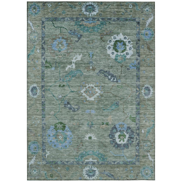 HomeRoots 5' X 8' Washable Floral Medallion Area Rug in Artichoke Green & Denim Blue for Indoor/Outdoor Use 639468