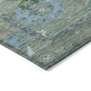 HomeRoots 5' X 8' Washable Floral Medallion Area Rug in Artichoke Green & Denim Blue for Indoor/Outdoor Use 639468