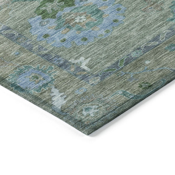 HomeRoots 5' X 8' Washable Floral Medallion Area Rug in Artichoke Green & Denim Blue for Indoor/Outdoor Use 639468