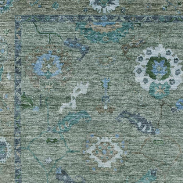 HomeRoots 5' X 8' Washable Floral Medallion Area Rug in Artichoke Green & Denim Blue for Indoor/Outdoor Use 639468