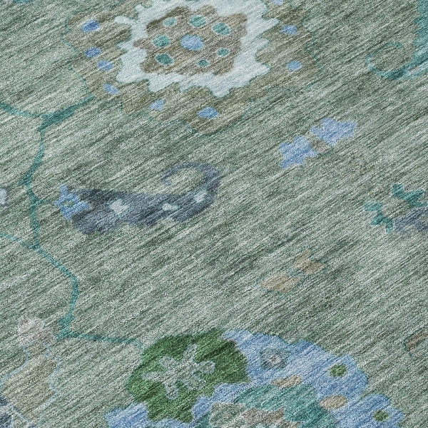 HomeRoots 5' X 8' Washable Floral Medallion Area Rug in Artichoke Green & Denim Blue for Indoor/Outdoor Use 639468