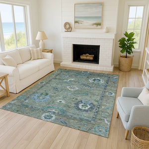 HomeRoots 5' X 8' Washable Floral Medallion Area Rug in Artichoke Green & Denim Blue for Indoor/Outdoor Use 639468