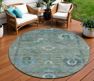 HomeRoots 8' Round Floral Medallion Area Rug in Artichoke Green & Denim Blue – Washable for Indoor/Outdoor Use 639469