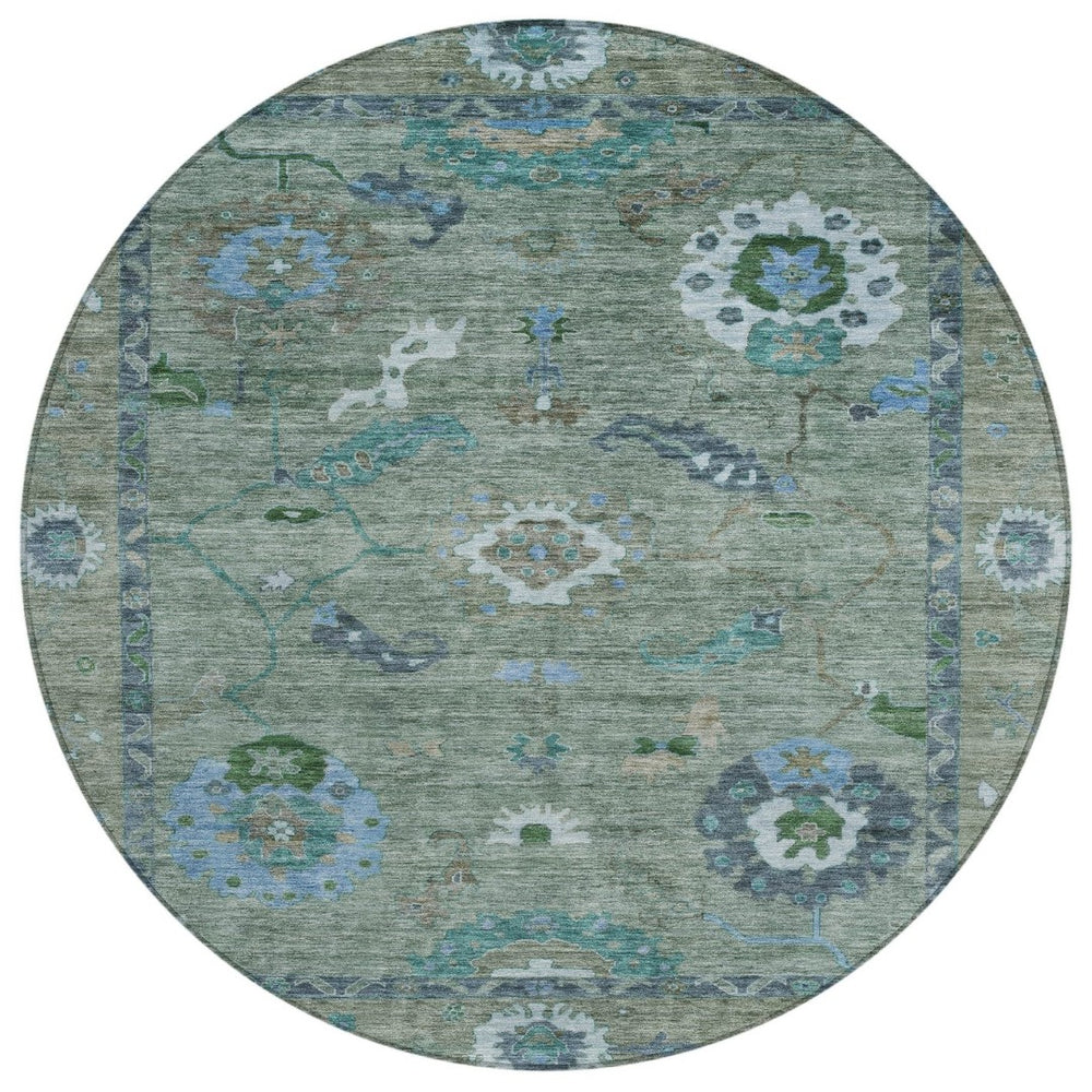 HomeRoots 8' Round Floral Medallion Area Rug in Artichoke Green & Denim Blue – Washable for Indoor/Outdoor Use 639469