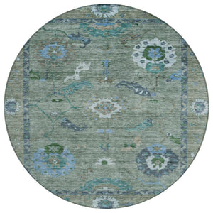 HomeRoots 8' Round Floral Medallion Area Rug in Artichoke Green & Denim Blue – Washable for Indoor/Outdoor Use 639469