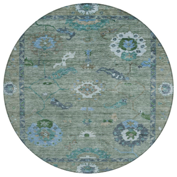 HomeRoots 8' Round Floral Medallion Area Rug in Artichoke Green & Denim Blue – Washable for Indoor/Outdoor Use 639469