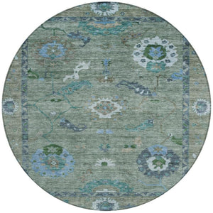 HomeRoots 8' Round Floral Medallion Area Rug in Artichoke Green & Denim Blue – Washable for Indoor/Outdoor Use 639469