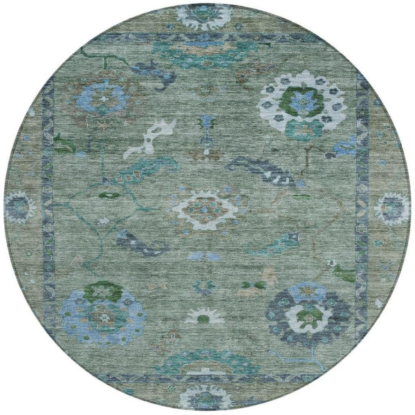 HomeRoots 8' Round Floral Medallion Area Rug in Artichoke Green & Denim Blue – Washable for Indoor/Outdoor Use 639469