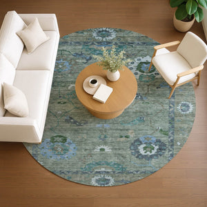 HomeRoots 8' Round Floral Medallion Area Rug in Artichoke Green & Denim Blue – Washable for Indoor/Outdoor Use 639469