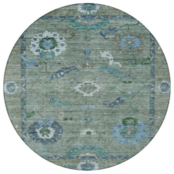 HomeRoots 8' Round Floral Medallion Area Rug in Artichoke Green & Denim Blue – Washable for Indoor/Outdoor Use 639469