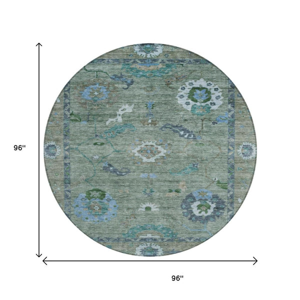 HomeRoots 8' Round Floral Medallion Area Rug in Artichoke Green & Denim Blue – Washable for Indoor/Outdoor Use 639469