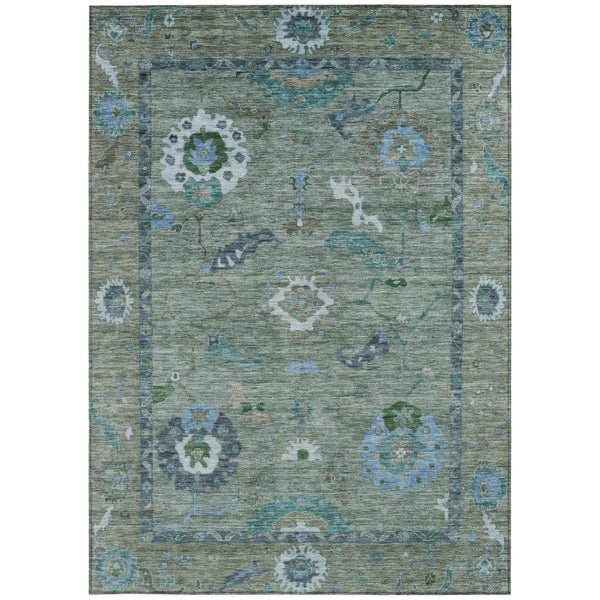 HomeRoots 8' Floral Medallion Area Rug in Artichoke Green & Denim Blue - Durable, Washable for Indoor/Outdoor Use 639470