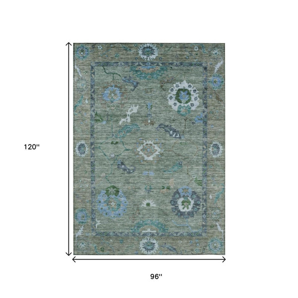 HomeRoots 8' Floral Medallion Area Rug in Artichoke Green & Denim Blue - Durable, Washable for Indoor/Outdoor Use 639470