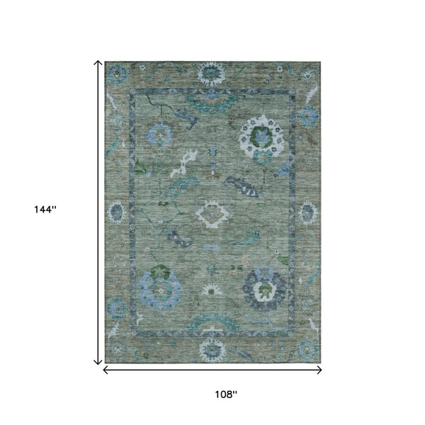HomeRoots 9' X 12' Floral Medallion Area Rug in Artichoke Green & Denim Blue - Washable for Indoor/Outdoor Use 639471
