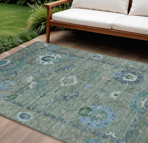 HomeRoots 9' X 12' Floral Medallion Area Rug in Artichoke Green & Denim Blue - Washable for Indoor/Outdoor Use 639471