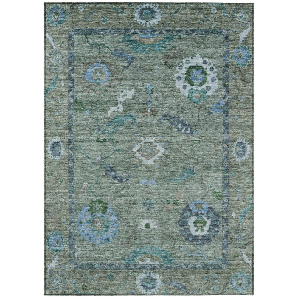 HomeRoots 9' X 12' Floral Medallion Area Rug in Artichoke Green & Denim Blue - Washable for Indoor/Outdoor Use 639471