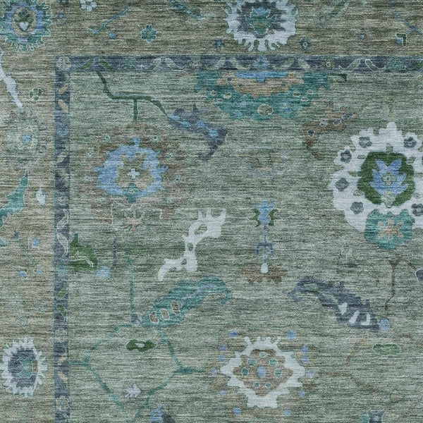 HomeRoots 9' X 12' Floral Medallion Area Rug in Artichoke Green & Denim Blue - Washable for Indoor/Outdoor Use 639471