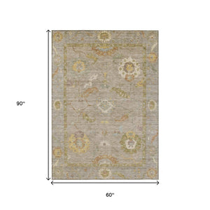 HomeRoots 5' X 8' Khaki & Gold Floral Medallion Area Rug - Stylish, Washable Indoor/Outdoor Design for All Spaces 639474