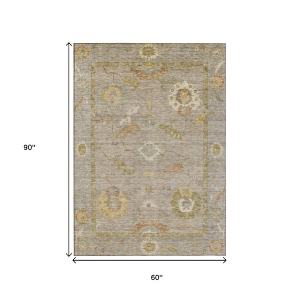 HomeRoots 5' X 8' Khaki & Gold Floral Medallion Area Rug - Stylish, Washable Indoor/Outdoor Design for All Spaces 639474