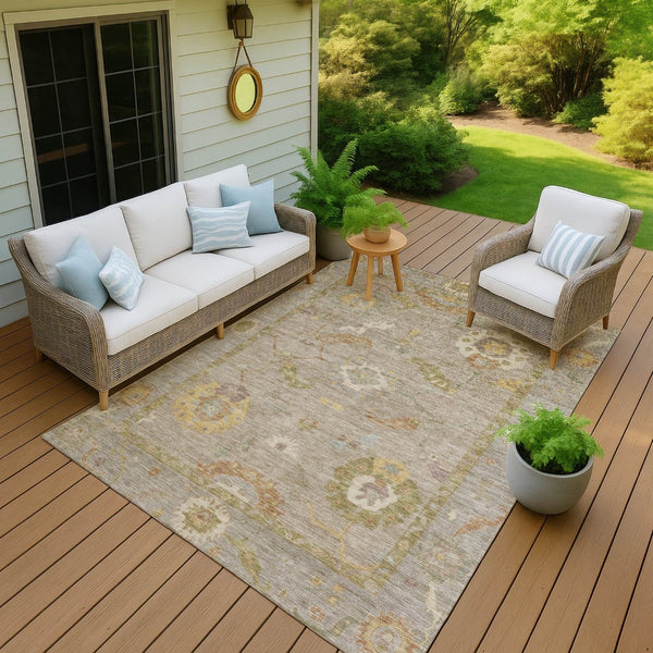 HomeRoots 5' X 8' Khaki & Gold Floral Medallion Area Rug - Stylish, Washable Indoor/Outdoor Design for All Spaces 639474
