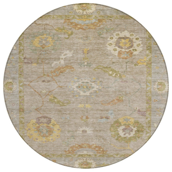 HomeRoots 8' Elegant Khaki and Gold Round Floral Medallion Washable Area Rug for Indoor/Outdoor Spaces 639475