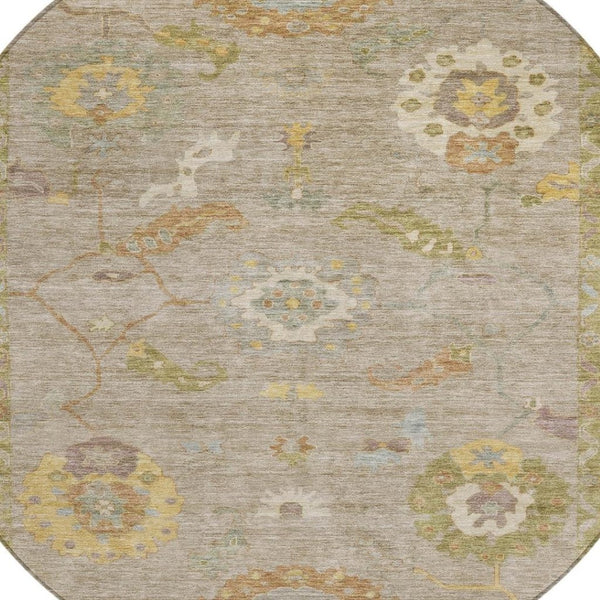 HomeRoots 8' Elegant Khaki and Gold Round Floral Medallion Washable Area Rug for Indoor/Outdoor Spaces 639475