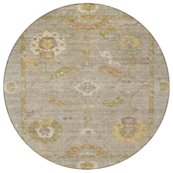 HomeRoots 8' Elegant Khaki and Gold Round Floral Medallion Washable Area Rug for Indoor/Outdoor Spaces 639475
