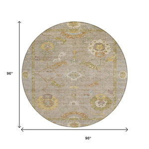 HomeRoots 8' Elegant Khaki and Gold Round Floral Medallion Washable Area Rug for Indoor/Outdoor Spaces 639475
