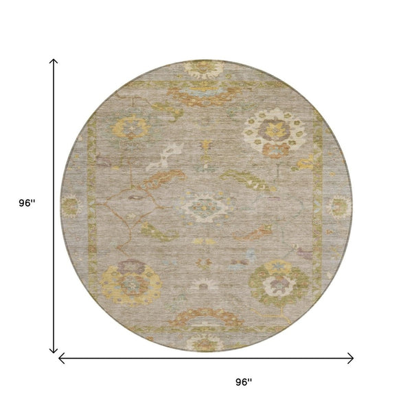 HomeRoots 8' Elegant Khaki and Gold Round Floral Medallion Washable Area Rug for Indoor/Outdoor Spaces 639475