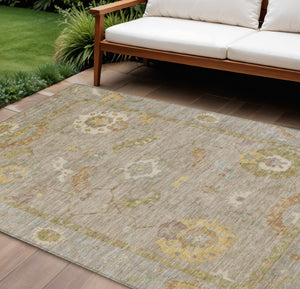 HomeRoots 9' X 12' Khaki & Gold Floral Medallion Area Rug - Washable, Durable Design for Indoor/Outdoor Use 639477