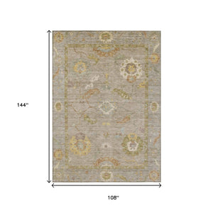 HomeRoots 9' X 12' Khaki & Gold Floral Medallion Area Rug - Washable, Durable Design for Indoor/Outdoor Use 639477