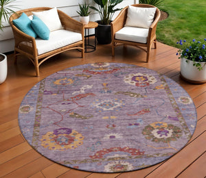 HomeRoots 8' Elegant Floral Medallion Round Area Rug in Rich Plum, Gold & Red - Washable for Indoor/Outdoor Use 639487