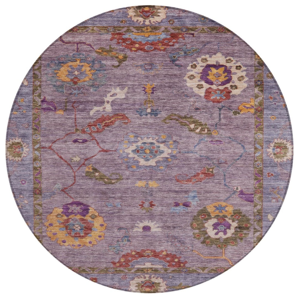 HomeRoots 8' Elegant Floral Medallion Round Area Rug in Rich Plum, Gold & Red - Washable for Indoor/Outdoor Use 639487