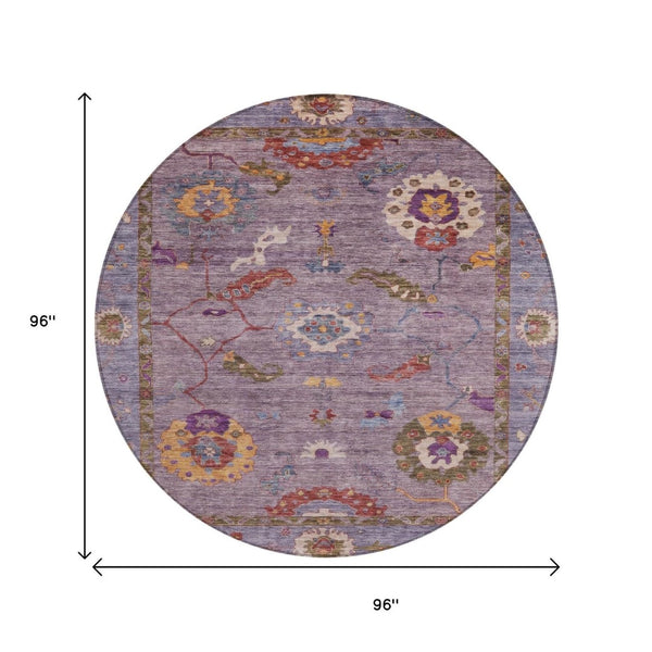HomeRoots 8' Elegant Floral Medallion Round Area Rug in Rich Plum, Gold & Red - Washable for Indoor/Outdoor Use 639487